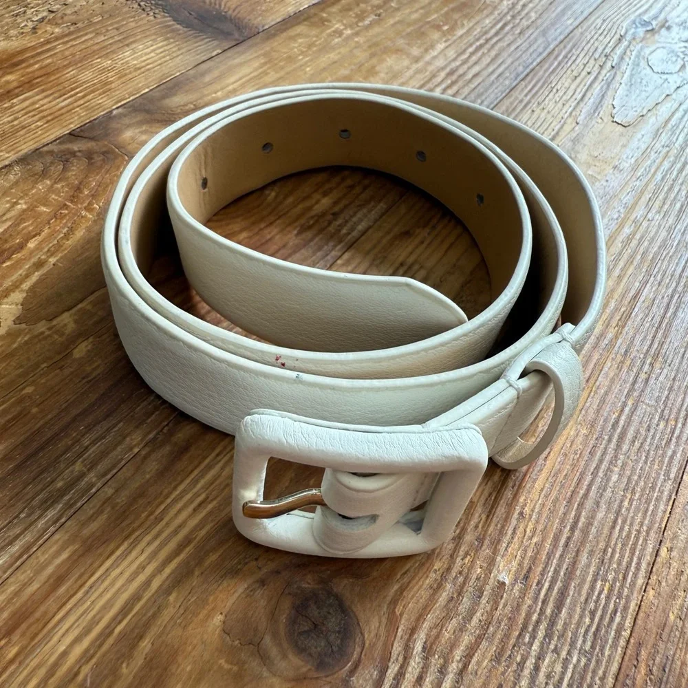 Talbots Womens Cream Leather Belt Square Leather Wrapped Buckle Size S NEW